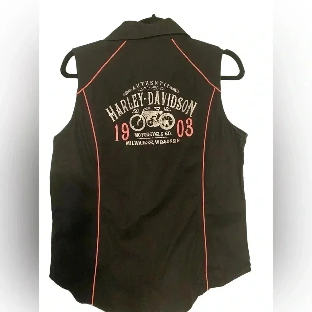 Harley-Davidson Women's Black Sleeveless Logo Workshirt with Orange Piping